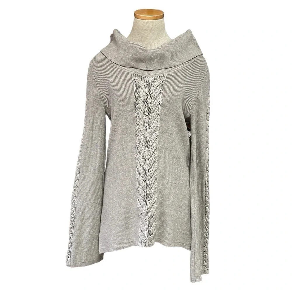 White House Black Market Sweater Women's Medium Brown Silver Cable Knit Pullover